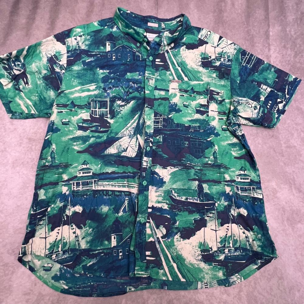 Columbia Button Down Shirt Mens XXL Green Nautical Sailboat AM0094 Excellent